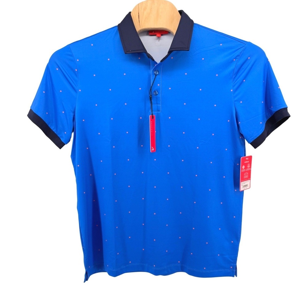 NEW Redvanly Ramey Polo Shirt Men Large Blue Orange Polka Dot Stretch Golf R2516